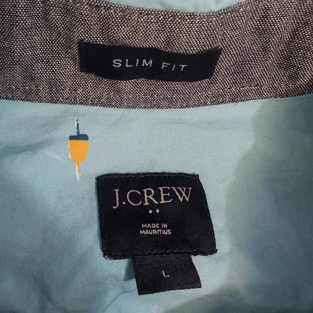 NEW J.Crew Mens Shirt L Slim Fit Buoys Nautical Aqua Blue‎ Long Sleeve Button
